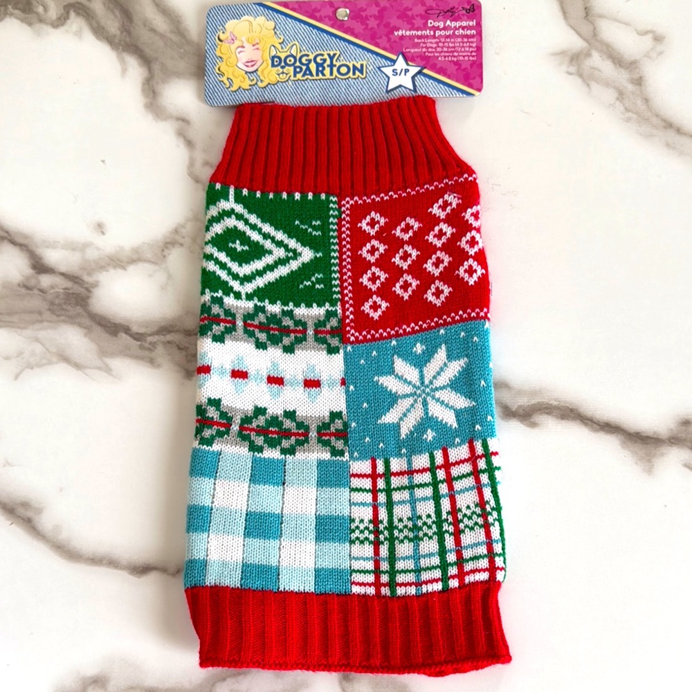 New Doggy Parton dog sweater. Size S. Different patterns/designs in one sweater.